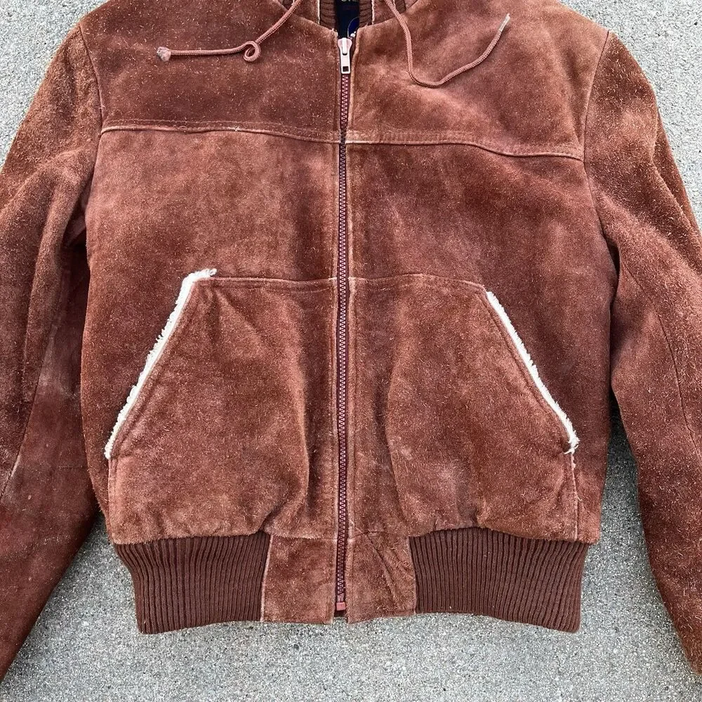 Vintage Grande-Bay Brown Suede Leather Fur Lined Zip Up Jacket Size 40 Medium